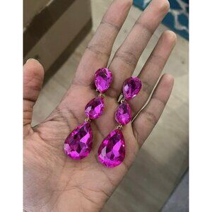 3 inch clip on fuchsia hot pink gold rhinestone crystal teardrop pageant